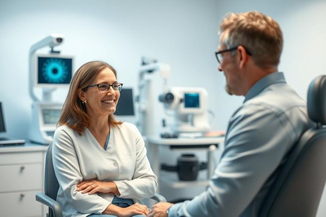 Eye exam consultation. A woman and man converse in a bright, modern ophthalmology clinic. Medical equipment is visible in the background. Focus on eye health, vision care, and patient consultation.
