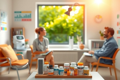 The image depicts a professional and comfortable indoor setting, possibly a home office or consultation room. Two individuals are present, seated opposite each other around a table that holds various pharmaceutical items like bottles and pill dispensers. There's natural light coming in from the window, suggesting it might be daytime. The room is well-organized with visible shelving holding books and binders.