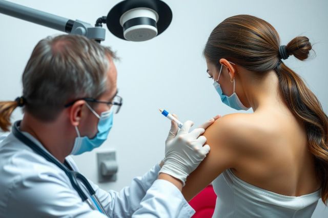 The image depicts a medical professional, wearing full protective gear including a face mask and eye protection, administering a vaccine to an adult. The setting appears to be an indoor clinic with a sterile environment indicated by the clean surfaces and white walls. 