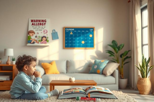 In the image, a young child is sitting on a light-colored carpet inside a living room. The child appears to be engaged in reading or being read to from an open book that is placed nearby. In the background, there's a large window allowing natural light to fill the room and illuminate the space. 