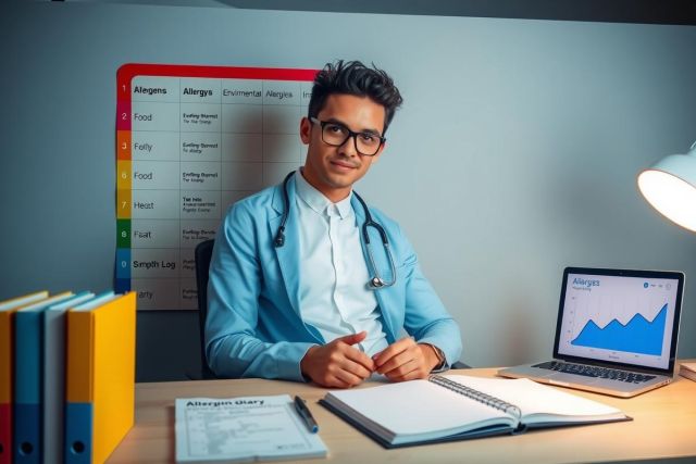 The image depicts a young man sitting at a desk in an office setting. He is dressed in a doctor's coat and seems to be working on a laptop computer. Behind him, there is a whiteboard with medical terms written on it, indicating a healthcare or educational context. The colors are neutral, predominantly black and grey tones, with accents of blue from the laptop screen.