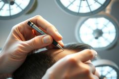 Close-up of a medical procedure. A doctor examines a patient's forehead with a penlight, likely during a neurological or dermatology assessment. Bright surgical lighting highlights the scene.