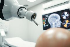 Medical imaging. A doctor examines a brain scan displaying neurological details, showcasing diagnostic procedures and healthcare technology in a clinical setting. Bright, sterile environment.