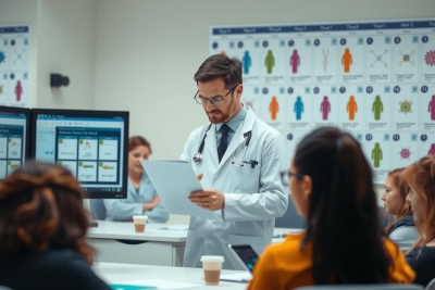 The image shows an indoor setting where a group of people are gathered around a man, likely a doctor or lecturer. The man stands at the front of the room and appears to be leading a discussion or presentation. He is dressed in a white coat, which suggests he might be a medical professional.