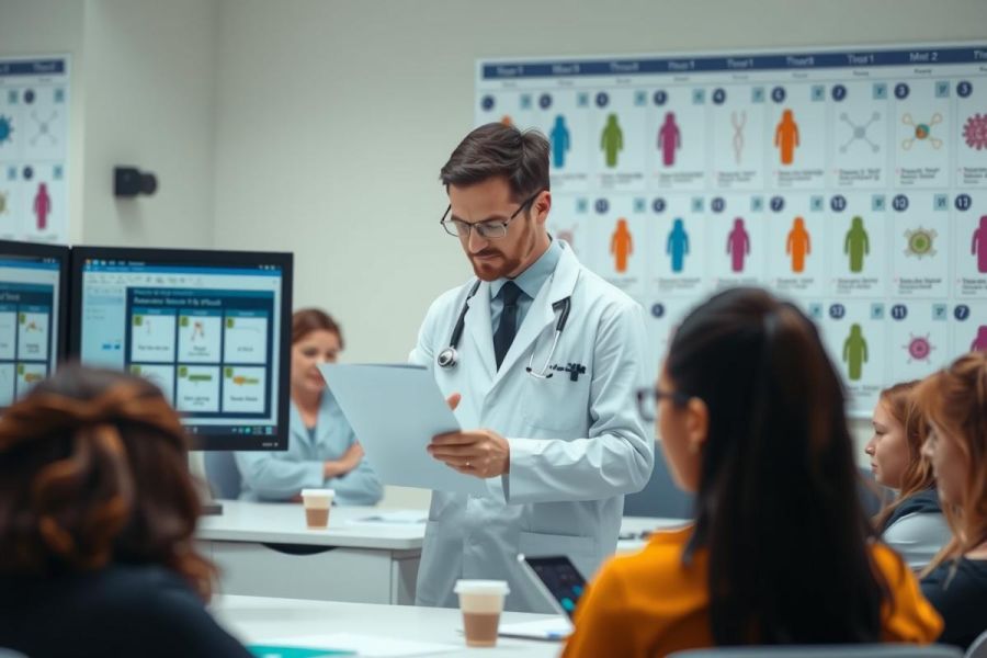 The image shows an indoor setting where a group of people are gathered around a man, likely a doctor or lecturer. The man stands at the front of the room and appears to be leading a discussion or presentation. He is dressed in a white coat, which suggests he might be a medical professional.