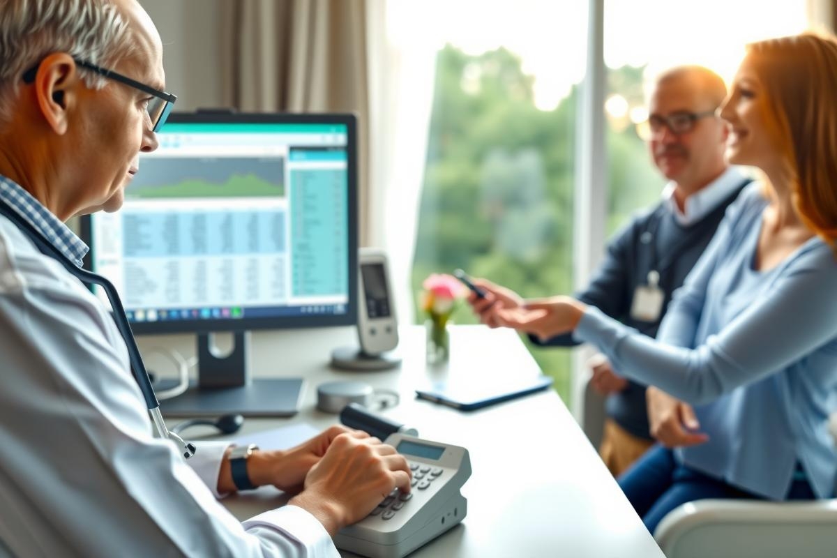 A group of people seated around a table with medical equipment and computer monitors, engaged in conversation with a doctor who is operating a machine. The environment suggests a professional healthcare setting, possibly for patient consultation or monitoring.