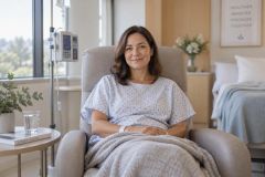 Recovering patient in hospital recliner wearing gown with IV pole and bed nearby.