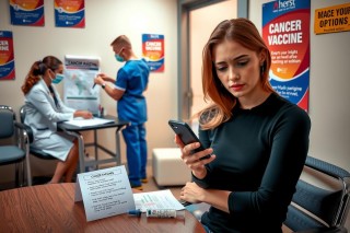 A woman sits at a desk in what appears to be a doctor's office, looking at her phone. There is another person on the other side of the room, and medical-related posters are visible. The atmosphere suggests a professional setting.
