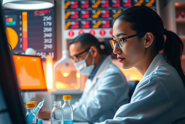 The image shows a laboratory setting with two individuals wearing lab coats and glasses, suggesting they are scientists or researchers. They appear to be focused on their work at a computer, which is displaying some kind of graphical user interface.