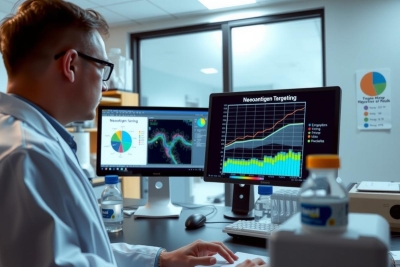 The image depicts a person in a laboratory setting, focused on computer monitors that display data and graphs. The individual appears to be analyzing scientific data or monitoring a process, likely related to scientific research or experimentation.