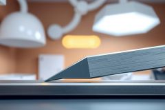 Surgical steel scalpel on a tray, illuminated by bright overhead lights. Focus on the blade's sharp edge in a sterile medical environment. Grey, silver, and white tones dominate the scene.
