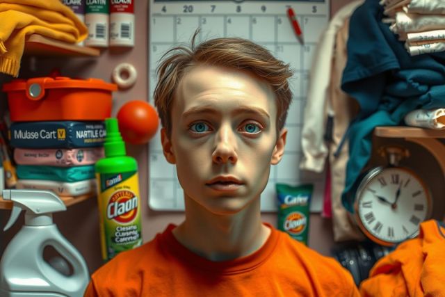 A young man with short blonde hair sits in a cluttered room. He wears an orange jumpsuit and appears to be looking directly at the camera with a neutral expression on his face. The room is filled with various items, including bottles, a clock, and piles of clothing. The overall atmosphere suggests a mix of personal space and disarray.