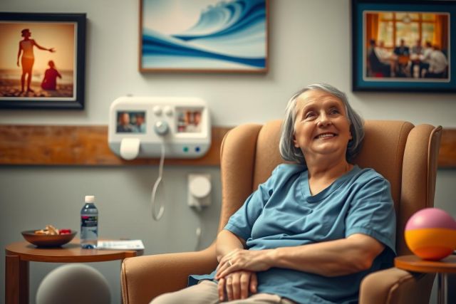 The image depicts an older woman sitting in a chair, smiling and wearing a blue medical gown. The environment suggests she is in a healthcare facility or possibly her home with medical equipment visible around her. She appears to be in good spirits and engaged in conversation or enjoying a pleasant moment.