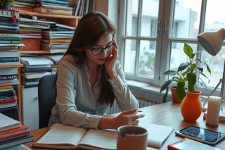 The image shows a woman sitting at her desk in an office environment. She is engaged in work, holding a phone to her ear and also looking at documents on the desk. The desk is cluttered with various items including books, papers, and a coffee cup. There's a plant nearby adding a touch of greenery to the setting.
