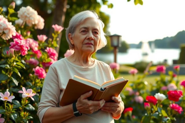 The image features an older woman in a garden, engrossed in reading. She is seated amidst vibrant pink and white flowers, suggesting a peaceful and serene environment. 