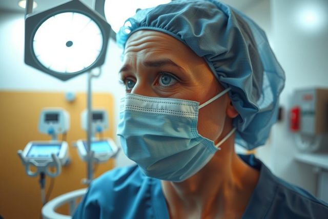 A woman wearing surgical attire, including a blue surgical mask and goggles, is seen in a hospital operating room environment. The focus is on her face and she appears to be observing or preparing for a procedure.