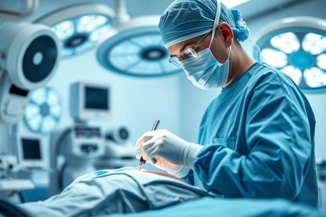 Surgeon performing surgery in a modern operating room. The scene features a medical professional in blue scrubs and mask, focused on a patient under bright surgical lights. Clean, sterile environment with medical equipment visible. Healthcare, medical procedure, operation.
