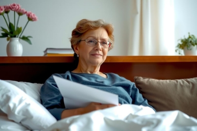 An older woman in a cozy room, comfortably lying down on a bed with white sheets and blanket. She is reading a book or paper document, possibly engaging with a letter or some kind of written correspondence.