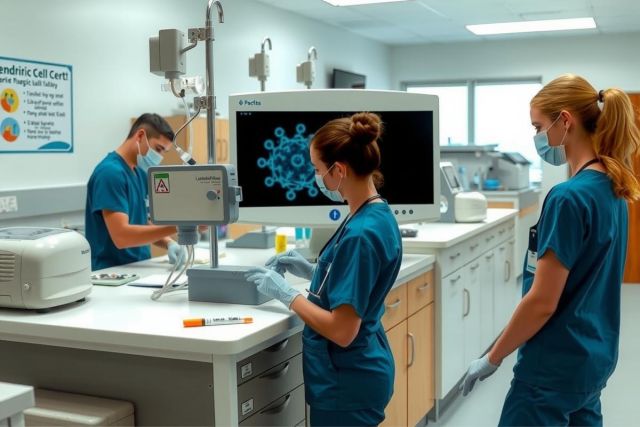 The image shows a group of scientists or medical professionals working in a laboratory. They are wearing lab coats and appear to be focused on a task involving microscopes, possibly analyzing samples or conducting research.