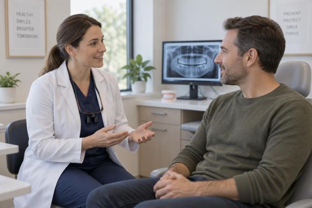 Dentist consulting adult male patient in modern clinic with dental X-ray displayed