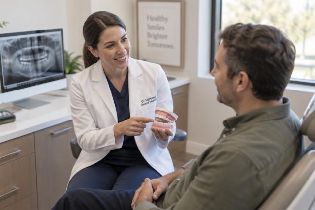 Dentist explaining dental model to seated patient in consultation room with dental X-ray