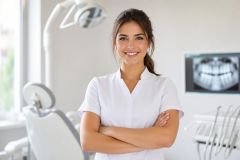 Smiling dental clinician standing in a bright clinic with chair, x‑ray, and equipment.
