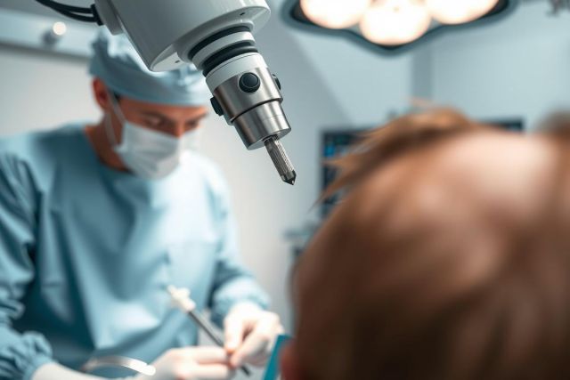Surgical procedure in progress. A surgeon wearing scrubs and a mask operates on a patient. Focus on medical instruments in a bright, sterile operating room environment. Healthcare, surgery, medical, patient care.