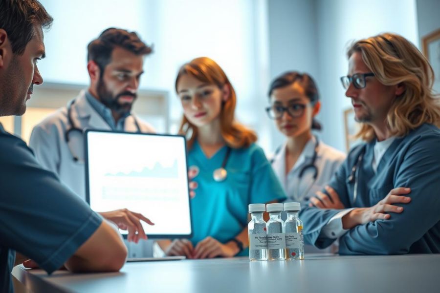 Medical team reviewing patient data on a screen. Doctors in scrubs and lab coats discussing diagnostics in a healthcare setting. Focus on collaboration and patient care.