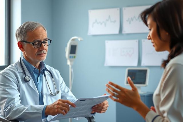 Doctor consults with a patient in a medical office. The scene shows a healthcare professional reviewing documents while speaking with a female patient. The room has a blue wall and medical equipment.