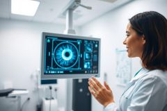A female ophthalmologist examines a detailed eye scan on a medical monitor in a bright, modern clinic. The blue-lit screen displays a close-up of the iris, suggesting eye health diagnostics and vision care. Professional medical setting, healthcare technology.