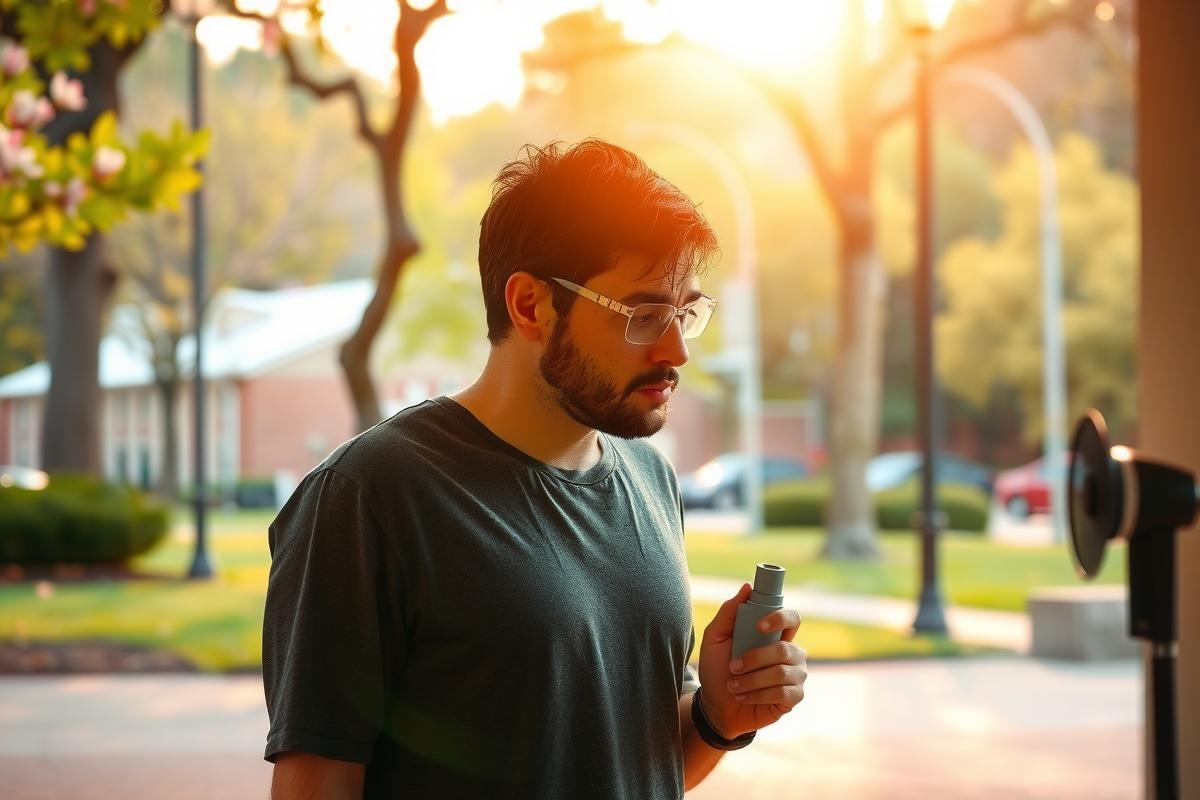 Man with glasses in a park, focused on his phone while the camera is recording. The environment suggests an outdoor setting with warm lighting possibly from sunset.