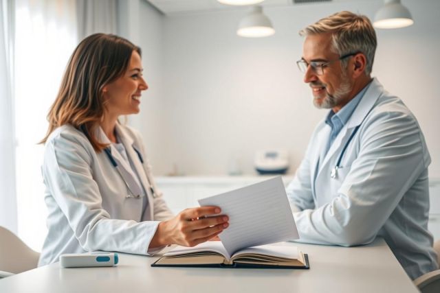 Two healthcare professionals, a male doctor and female nurse, are reviewing medical documents in a bright, modern clinic setting. They wear white coats and stethoscopes, smiling and engaged in discussion, suggesting collaboration and patient care. The image evokes themes of medicine, healthcare, and teamwork.
