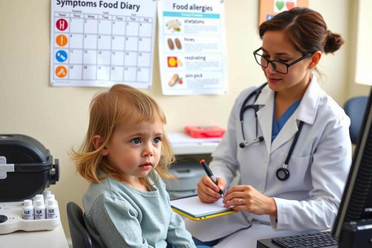 In the image, a pediatrician is examining a young child. They are in an office setting with a window and various medical equipment visible. The child appears to be looking up at the doctor, possibly during an appointment for a check-up or treatment.