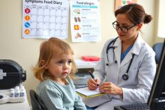 In the image, a pediatrician is examining a young child. They are in an office setting with a window and various medical equipment visible. The child appears to be looking up at the doctor, possibly during an appointment for a check-up or treatment.