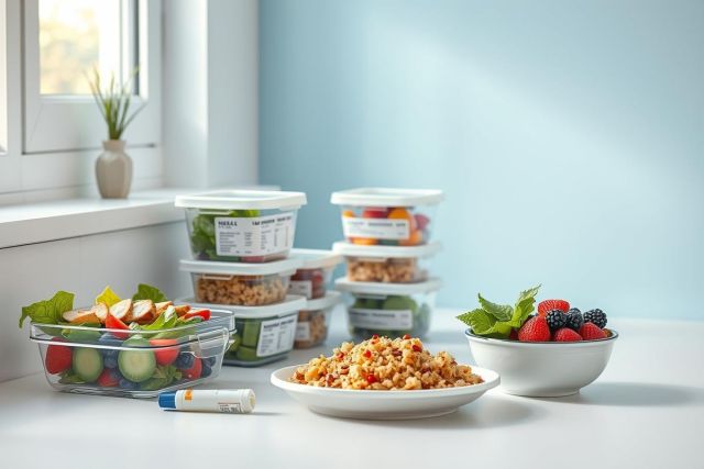Healthy meal prep featuring colorful salads, grain bowls, and fresh berries in clear plastic containers. Bright, clean kitchen setting with a window and potted plant. Focus on nutritious food storage and balanced diet for convenient meal planning.