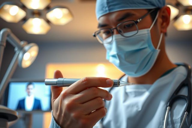 Surgeon in surgical scrubs and mask examining a surgical instrument in an operating room. Bright lights illuminate the scene, highlighting the focus on precision and medical procedures.