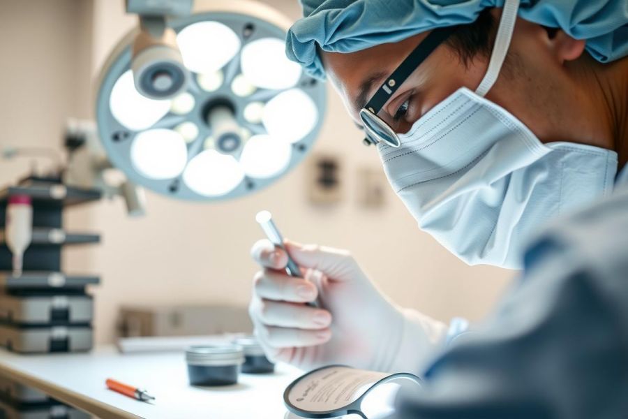 Scientist or lab technician working with equipment in a lab setting. Wearing protective gear including a mask and gloves, focused on a task with precision. Sterile environment, bright lighting, research, science, laboratory, analysis.