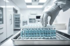Laboratory scene featuring a gloved hand reaching for test tubes filled with blue liquid. Sterile environment with modern equipment, suggesting scientific research, medical testing, or pharmaceutical development. Cool blue and white tones dominate the image.