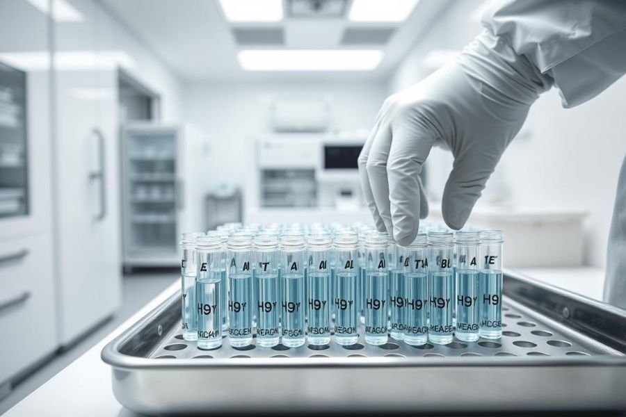 Laboratory scene featuring a gloved hand reaching for test tubes filled with blue liquid. Sterile environment with modern equipment, suggesting scientific research, medical testing, or pharmaceutical development. Cool blue and white tones dominate the image.