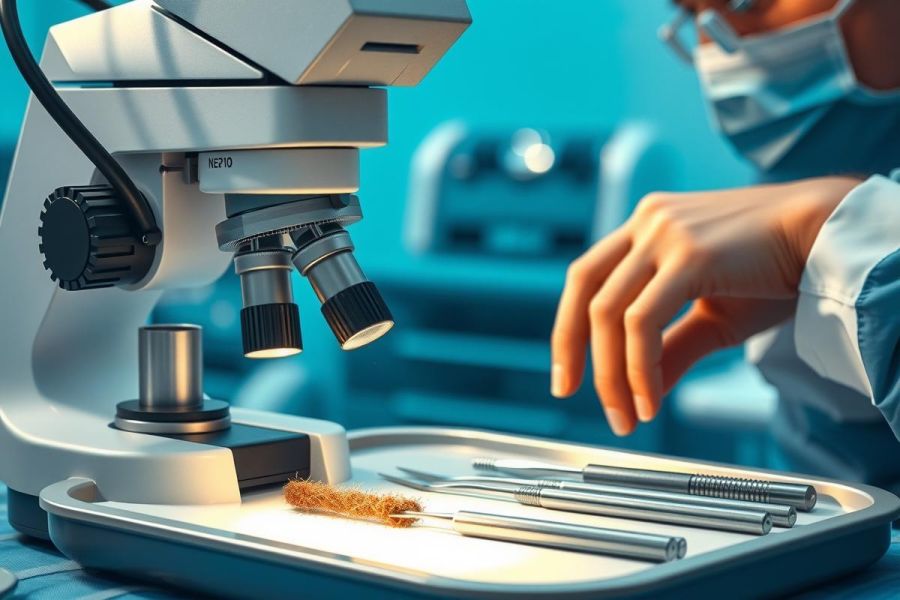 Close-up of surgical instruments on a tray, with a microscope in the background. A medical professional's hand is visible. The scene suggests a sterile operating room environment.