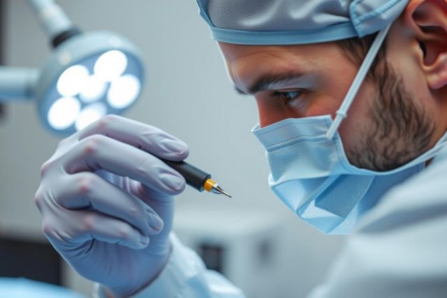 Surgeon in surgical scrubs and mask examines a tool, likely in an operating room setting. Focus on precision and medical equipment. Sterile environment, close-up view.