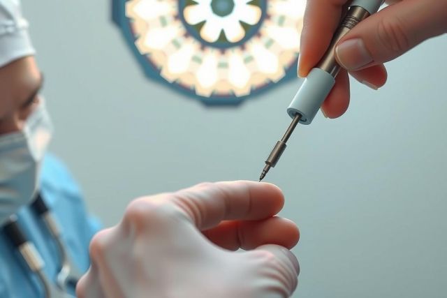 Close-up of a medical professional holding a surgical instrument in an operating room setting. Focus is on the tool and gloved hand, with a blurred surgical lamp in the background. Healthcare, surgery, medical procedure.