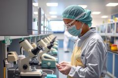 Scientist in a lab coat and mask examines samples in a cleanroom environment. Microscopes and lab equipment are visible. Focus on research and scientific work.