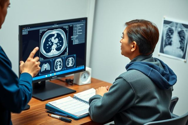 The image shows a professional medical setting. A doctor is presenting an X-ray or other radiological imaging to a patient or their family member. The environment suggests a clinical or hospital setting. There are multiple computer monitors, which may be used for displaying medical images or data related to the patient's health. 
