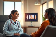 Doctor consults with a patient in a modern office setting. The doctor, wearing a lab coat and stethoscope, is engaged in conversation. Warm lighting and a comfortable environment create a welcoming atmosphere for healthcare.