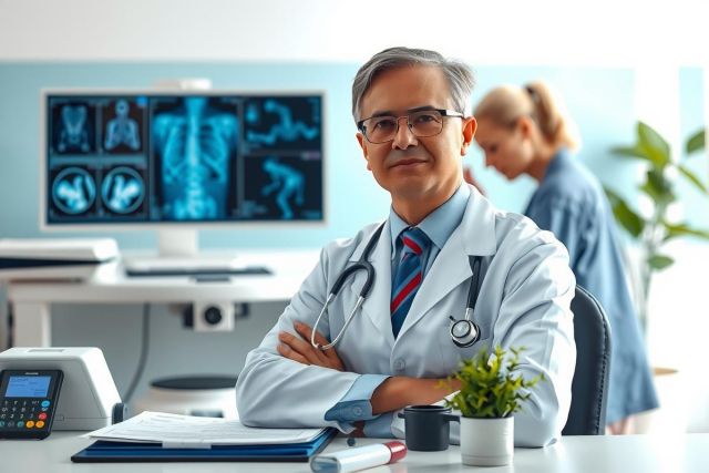 The image shows a male doctor with gray hair, sitting at a medical desk. He is dressed in professional attire including a white lab coat and glasses. Behind him are two nurses; one is focused on the computer screen displaying medical images, while the other seems to be listening or talking to the doctor. The office environment includes medical equipment such as an ECG machine and medical charts. The lighting is bright, suggesting a clinical setting.