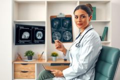 The image depicts a female physician sitting at a desk in an office environment. She is wearing a white lab coat, which suggests she may be a radiologist or similar medical specialist. There are images of brain scans displayed on the screen behind her, indicating her professional role.