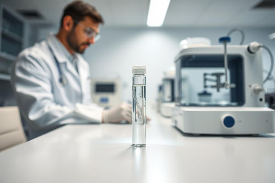 Scientist in a modern laboratory analyzing a clear liquid sample in a vial. The focus is on the vial, with lab equipment and a blurred researcher in the background. The scene features a clean, sterile environment with white and blue tones, suggesting scientific research and analysis.
