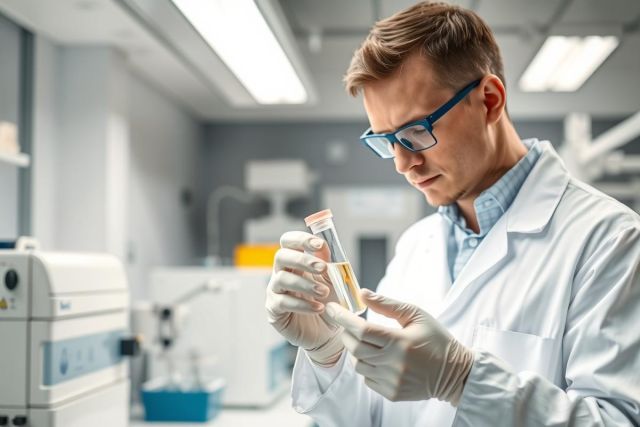 Scientist in a lab examining a test tube. He wears glasses and a lab coat, conducting research in a modern laboratory setting. The image features a focus on scientific analysis and medical research, with a clean, bright environment.