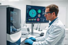 Scientist working in a modern laboratory using advanced medical equipment. The image showcases a man in a white lab coat and safety glasses analyzing data on a computer monitor displaying a colorful cellular heatmap. Focus is on scientific research, biotechnology, and healthcare technology in a clean, bright environment.